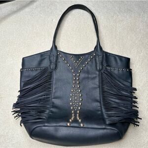 Big Buddha: Gold Riveted Black Fringed Oversized Tote